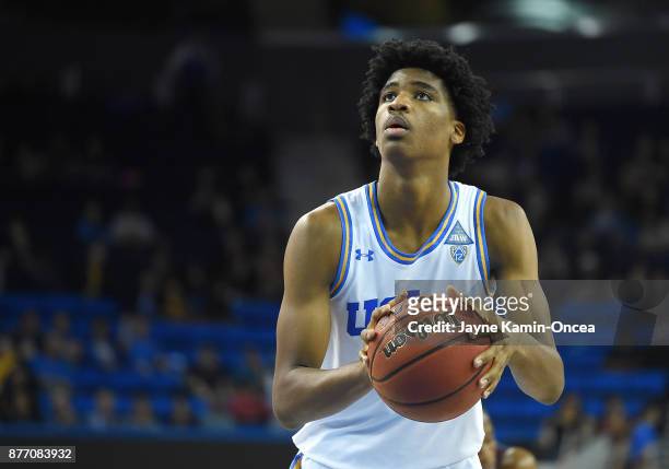 Chris Smith of the UCLA Bruins shoots a free throw during the game against the South Carolina State Bulldogs at Pauley Pavilion on November 17, 2017...
