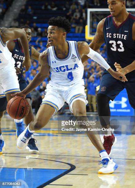 Jaylen Hands of the UCLA Bruins takes the ball down court in the game against the South Carolina State Bulldogs at Pauley Pavilion on November 17,...
