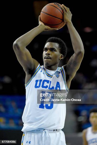 Kris Wilkes of the UCLA Bruins shoots a free throw during the game against the South Carolina State Bulldogs at Pauley Pavilion on November 17, 2017...