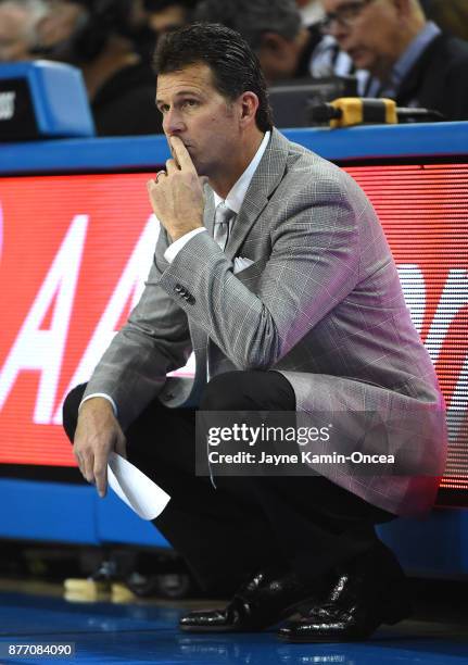 Head coach Steve Alford of the UCLA Bruins during the game against the South Carolina State Bulldogs at Pauley Pavilion on November 17, 2017 in Los...