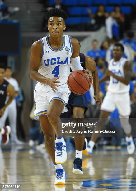 Jaylen Hands of the UCLA Bruins takes the ball down court in the game against the South Carolina State Bulldogs at Pauley Pavilion on November 17,...