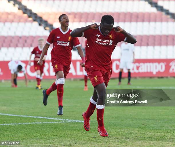 Bobby Adekanye of Liverpool U19 celebrates after scoring the fourth goal during the UEFA Champions League group E match between Sevilla FC U19 and...