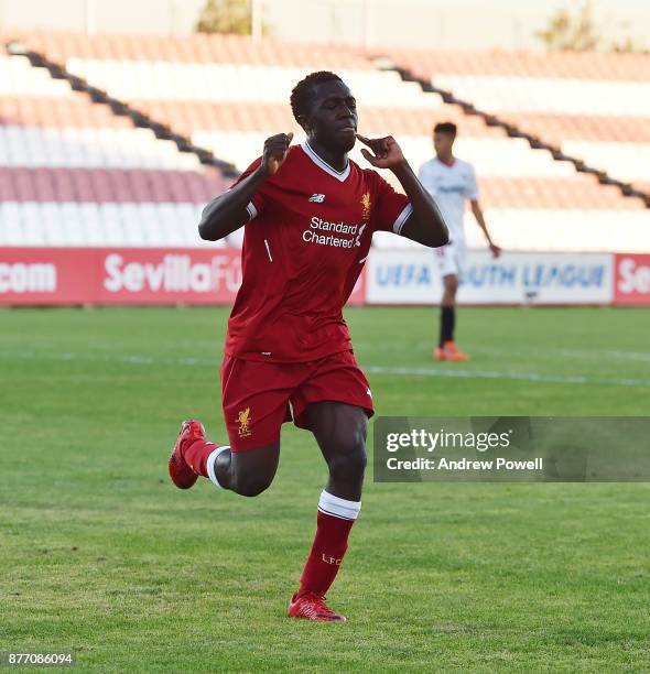 Bobby Adekanye of Liverpool U19 celebrates after scoring the fourth goal during the UEFA Champions League group E match between Sevilla FC U19 and...