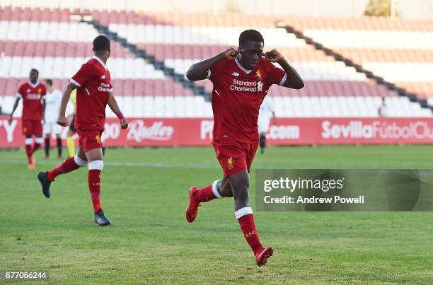 Bobby Adekanye of Liverpool U19 celebrates after scoring the fourth goal during the UEFA Champions League group E match between Sevilla FC U19 and...