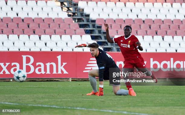 Bobby Adekanye of Liverpool U19 scores the fourth goal during the UEFA Champions League group E match between Sevilla FC U19 and Liverpool FC U19 at...