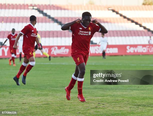 Bobby Adekanye of Liverpool U19 celebrates after scoring the fourth goal during the UEFA Champions League group E match between Sevilla FC U19 and...