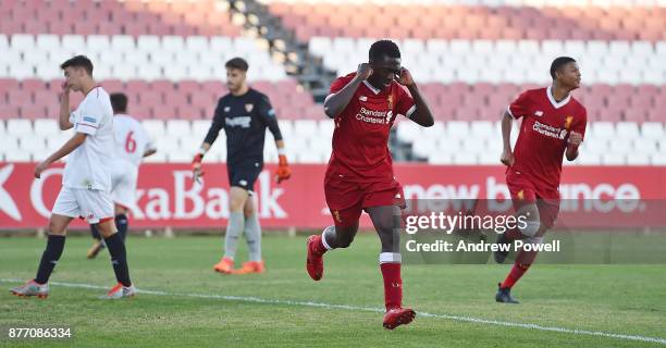 Bobby Adekanye of Liverpool U19 celebrates after scoring the fourth goal during the UEFA Champions League group E match between Sevilla FC U19 and...