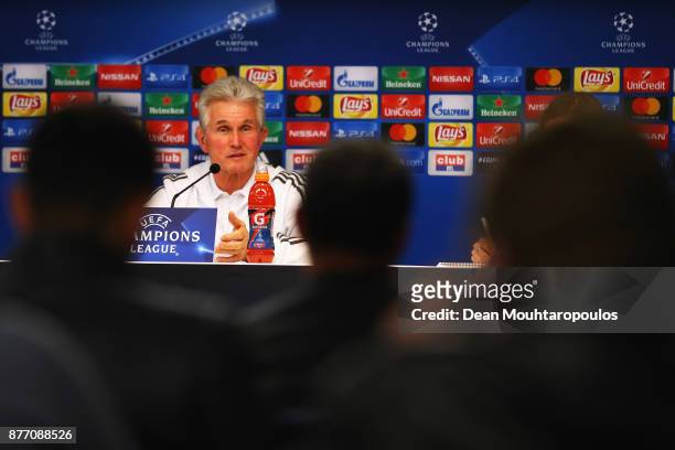 Bayern Munich Head Coach / Manager, Jupp Heynckes speaks to the media during the Press Conference held at the Constant Vanden Stock Stadium on...