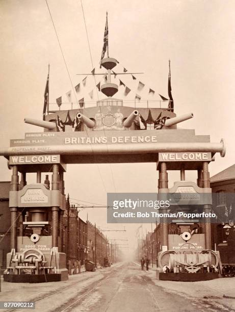 The John Brown & Company's Arch erected at their Steelworks in Sackville Street in Sheffield to celebrate the Royal Visit of King Edward VII and...