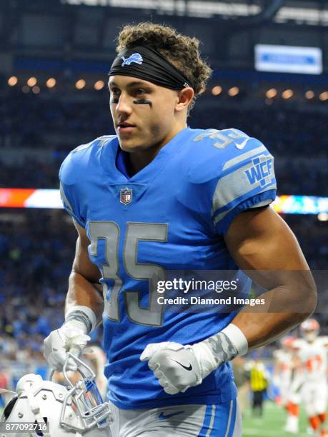 Safety Miles Killebrew of the Detroit Lions runs off the field for halftime of a game on November 12, 2017 against the Cleveland Browns at Ford Field...