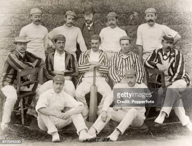 The Kent County Cricket team, circa 1888. Left to right, back row: Walter Wright, John Pentecost, Crow , George Hearne and Frederick Martin; middle...