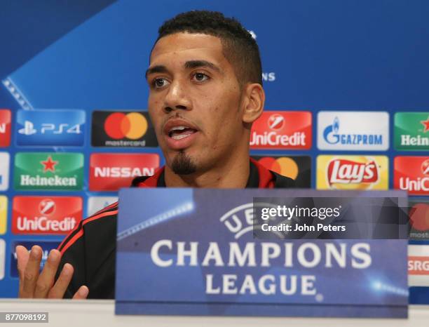 Chris Smalling of Manchester United speaks during a press conference at St Jacob Stadium on November 21, 2017 in Basel, Switzerland.