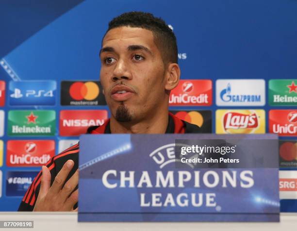 Chris Smalling of Manchester United speaks during a press conference at St Jacob Stadium on November 21, 2017 in Basel, Switzerland.