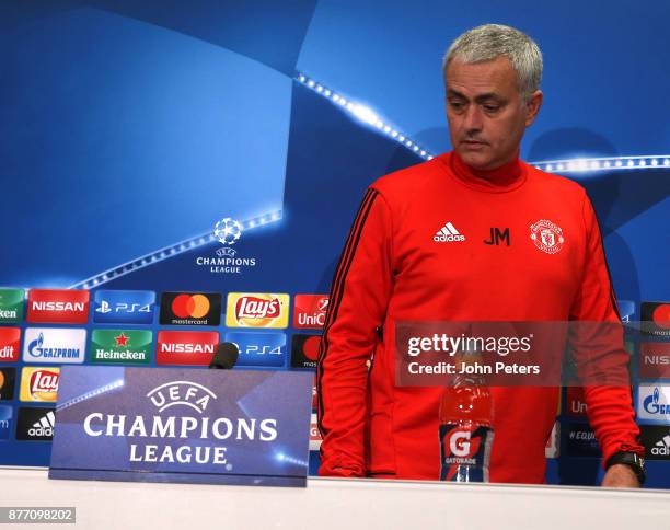 Manager Jose Mourinho of Manchester United speaks during a press conference at St Jacob Stadium on November 21, 2017 in Basel, Switzerland.