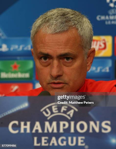 Manager Jose Mourinho of Manchester United speaks during a press conference at St Jacob Stadium on November 21, 2017 in Basel, Switzerland.