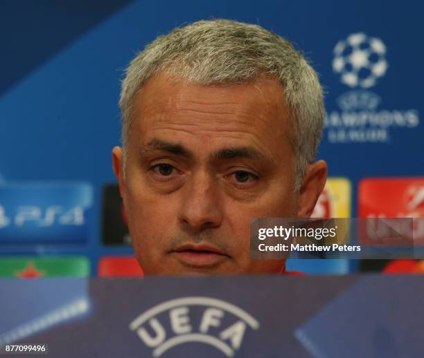 Manager Jose Mourinho of Manchester United speaks during a press conference at St Jacob Stadium on November 21, 2017 in Basel, Switzerland.