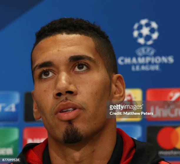 Chris Smalling of Manchester United speaks during a press conference at St Jacob Stadium on November 21, 2017 in Basel, Switzerland.