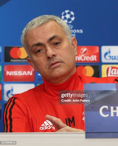 Manager Jose Mourinho of Manchester United speaks during a press conference at St Jacob Stadium on November 21, 2017 in Basel, Switzerland.