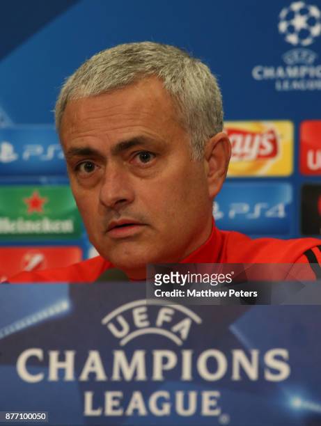 Manager Jose Mourinho of Manchester United speaks during a press conference at St Jacob Stadium on November 21, 2017 in Basel, Switzerland.