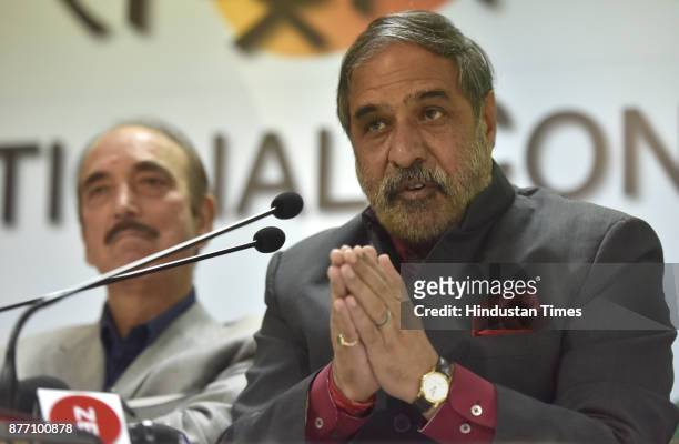 Leader of Opposition Rajya Sabha Ghulam Nabi Azad, Deputy Leader of Opposition Rajya Sabha Anand Sharma and others address media on the issue of...