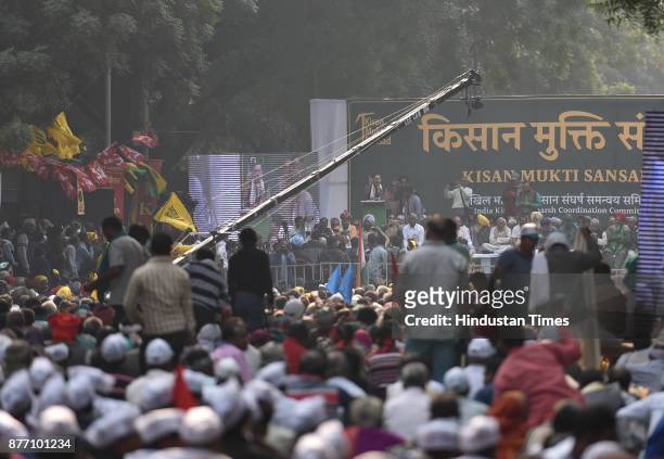 Yogendra Yadav, an Indian politician addressing farmers from across the country during a demonstration in support of their various long pending...