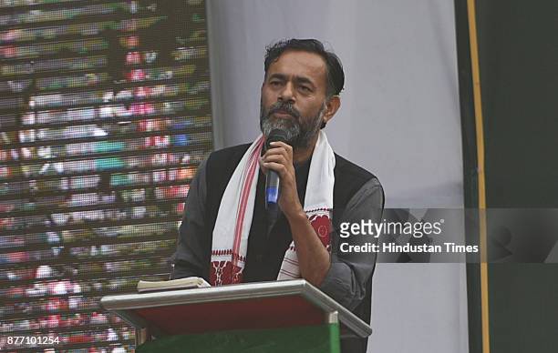 Yogendra Yadav, an Indian politician addressing farmers from across the country during a demonstration in support of their various long pending...