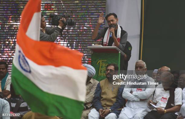 Yogendra Yadav, an Indian politician addressing farmers from across the country during a demonstration in support of their various long pending...