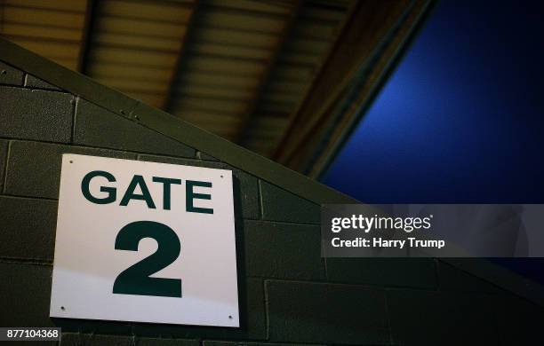 Detailed view of a sign during the Sky Bet League Two match between Yeovil Town and Notts County at Huish Park on November 21, 2017 in Yeovil,...