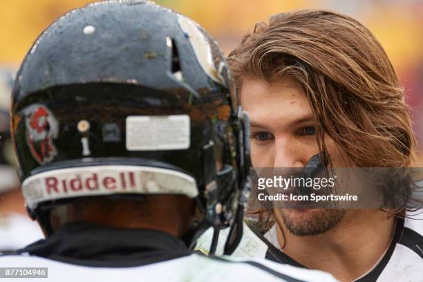 Quaker Valley senior Ricky Guss talks to another player during the Western Pennsylvania Interscholastic Athletic League AAA Boys Football...