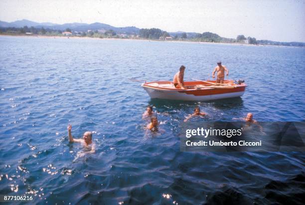 Politicians Bettino Craxi , Felipe González, Mário Soares and Andreas Papandreou swimming together in Portugal in 1981. They were in Portugal for a...