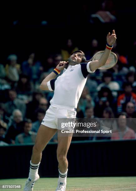 Ilie Nastase of Romania in action during the Wimbledon Lawn Tennis Championships at the All England Lawn Tennis and Croquet Club, circa June, 1980 in...