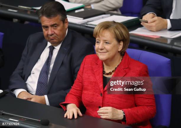 German Chancellor and leader of the German Christian Democrats Angela Merkel and Forign Minister Sigmar Gabriel the first Bundestag session since the...