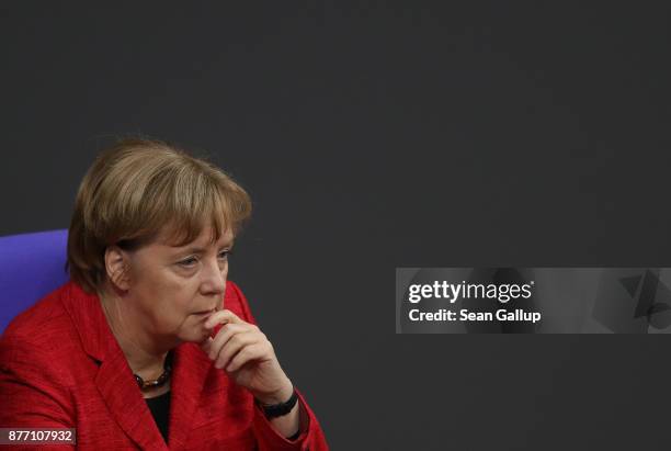 German Chancellor and leader of the German Christian Democrats Angela Merkel attends the first Bundestag session since the collapse of government...