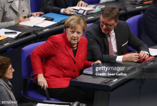 German Chancellor and leader of the German Christian Democrats Angela Merkel attends the first Bundestag session since the collapse of government...