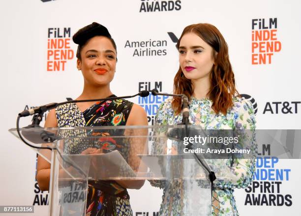 Actors Tessa Thompson and Lily Collins speaks onstage during the Film Independent 2018 Spirit Awards press conference at The Jeremy Hotel on November...