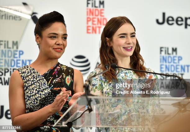 Actors Tessa Thompson and Lily Collins speak onstage during the Film Independent 2018 Spirit Awards press conference at The Jeremy Hotel on November...