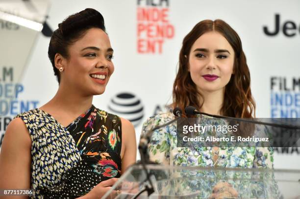 Actors Tessa Thompson and Lily Collins speak onstage during the Film Independent 2018 Spirit Awards press conference at The Jeremy Hotel on November...