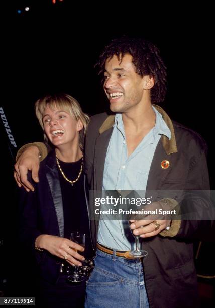 Yannick Noah of France photographed with his girlfriend, model and Miss Sweden , Cecilia Rodhe, circa 1986.