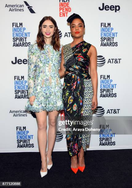 Actors Lily Collins and Tessa Thompson attend the Film Independent 2018 Spirit Awards press conference at The Jeremy Hotel on November 21, 2017 in...