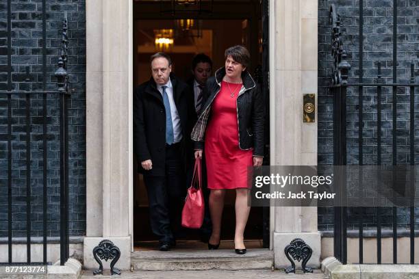 Democratic Unionist Party Leader Arlene Foster and Deputy Leader Nigel Dodds leave Number 10 Downing Street on November 21, 2017 in London, England....
