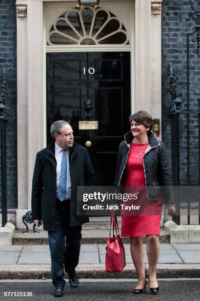 Democratic Unionist Party Leader Arlene Foster and Deputy Leader Nigel Dodds leave Number 10 Downing Street on November 21, 2017 in London, England....