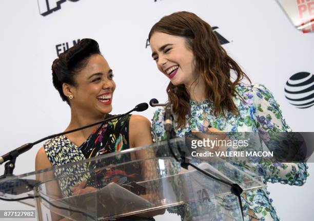 Actresses Tessa Thompson and Lily Collins announce the nominees for the 2018 Spirit awards during the 2018 Film Independent Spirit Awards Nominations...