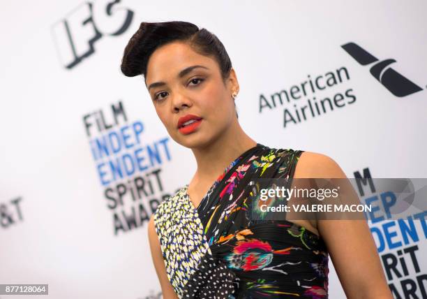 Actress Tessa Thompson poses during the 2018 Spirit awards during the 2018 Film Independent Spirit Awards Nominations Announcement Press Conference,...