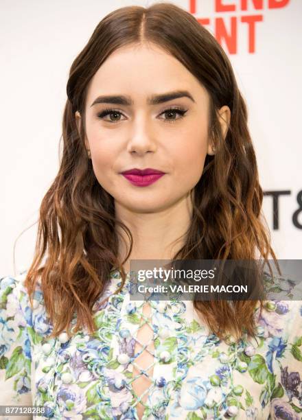 Actress Lily Collins poses during the 2018 Spirit awards during the 2018 Film Independent Spirit Awards Nominations Announcement Press Conference, on...