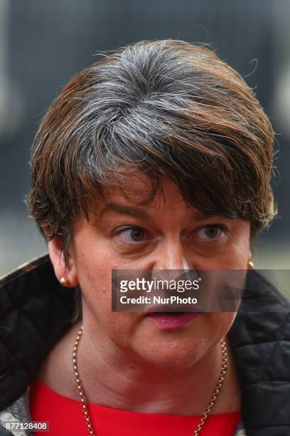 Democratic Unionist Party leader Arlene Foster speaks to the media outside 10 Downing Street, London on November 21, 2017.
