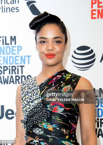 Actress Tessa Thompson poses during the 2018 Spirit awards during the 2018 Film Independent Spirit Awards Nominations Announcement Press Conference,...