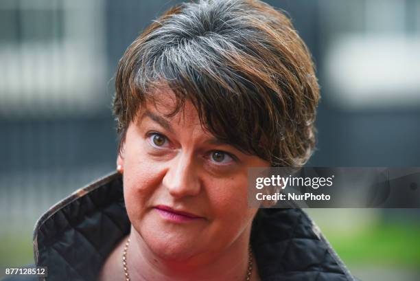 Democratic Unionist Party leader Arlene Foster speaks to the media outside 10 Downing Street, London on November 21, 2017.