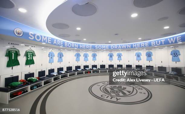 The playing shirts of Manchester City are seen in their dressing room prior to the UEFA Champions League group F match between Manchester City and...