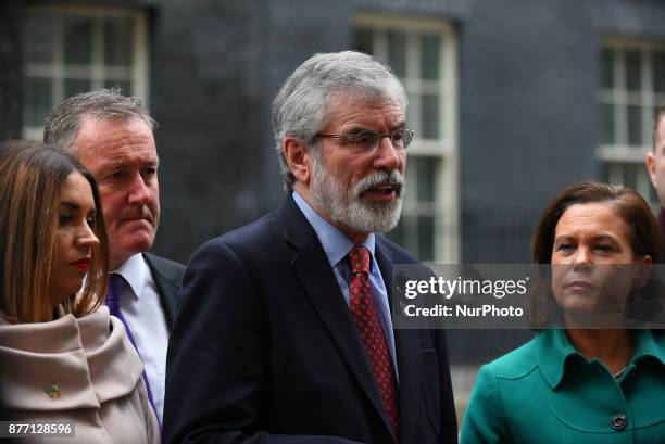 Ireland's Sinn Fein leader Gerry Adams, speaks to the press in Downing street following a meeting with British Prime Minister Theresa May in central...