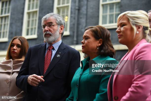 Ireland's Sinn Fein leader Gerry Adams, speaks to the press in Downing street following a meeting with British Prime Minister Theresa May in central...